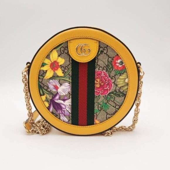 GUCCI Ophidia Round Chain Yellow Multicolor Leather Shoulder Bag 550-080825 - Picture 1 of 12